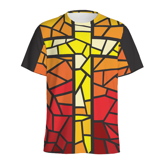 Orange And Red Stained Glass Cross Print Men's Sports T-Shirt