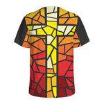Orange And Red Stained Glass Cross Print Men's Sports T-Shirt