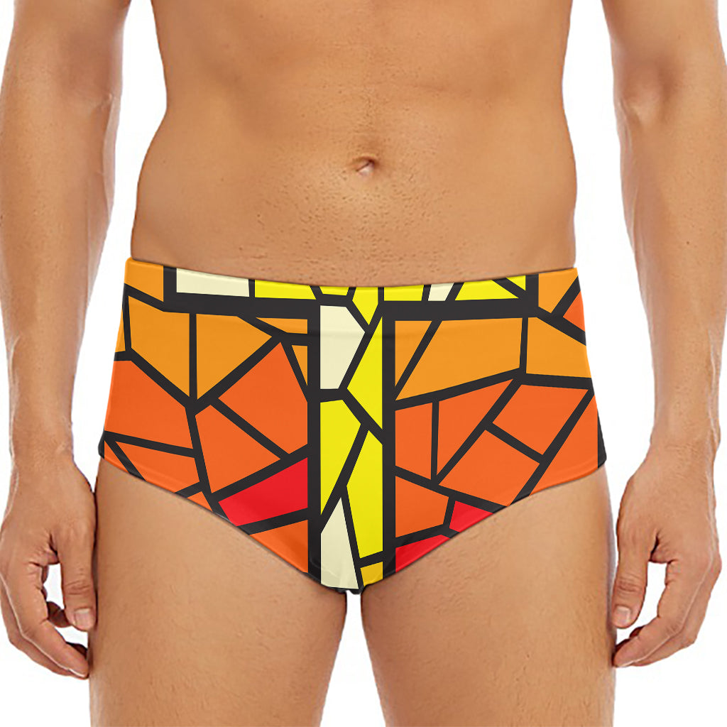 Orange And Red Stained Glass Cross Print Men's Triangle Swim Briefs
