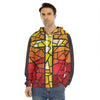 Orange And Red Stained Glass Cross Print Men's Velvet Pullover Hoodie