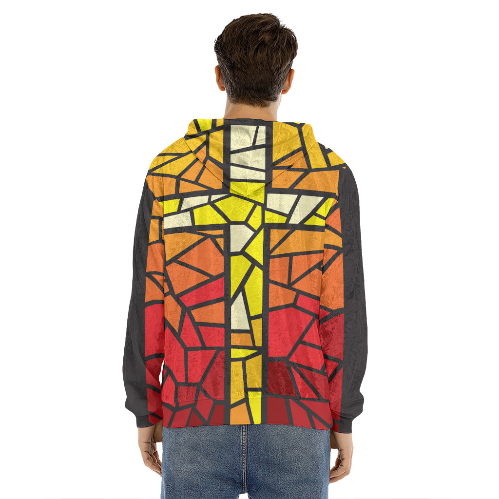 Orange And Red Stained Glass Cross Print Men's Velvet Pullover Hoodie