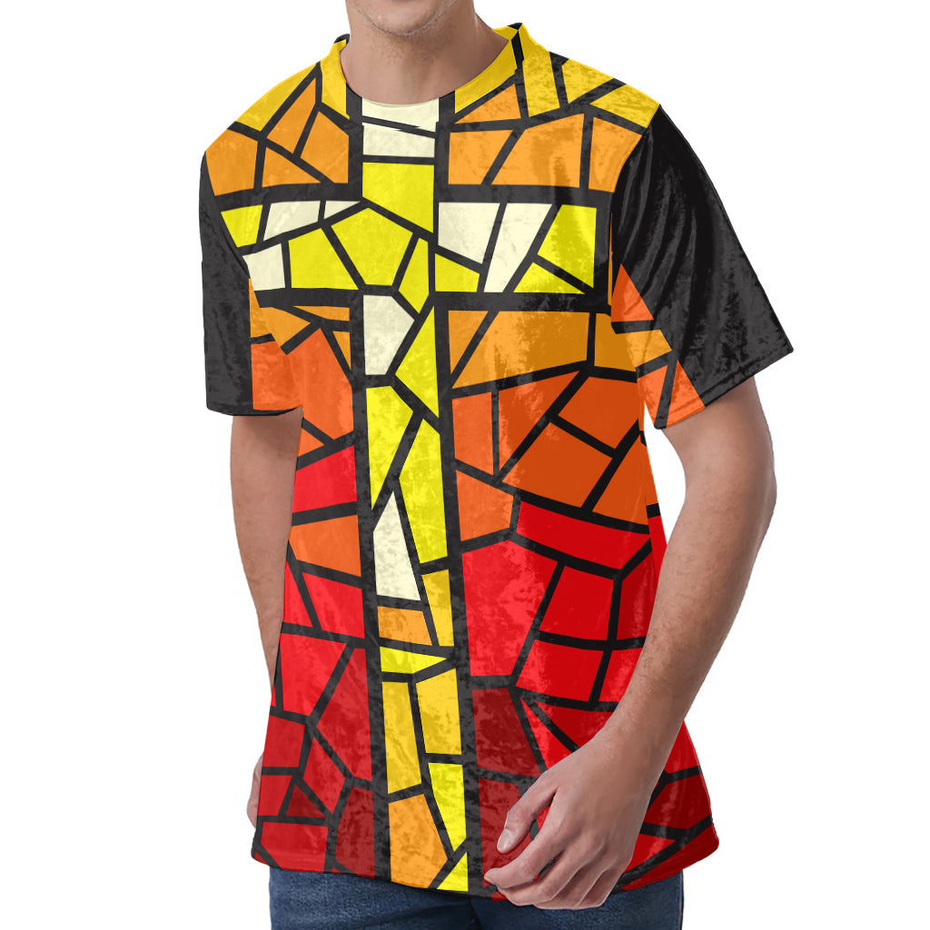 Orange And Red Stained Glass Cross Print Men's Velvet T-Shirt