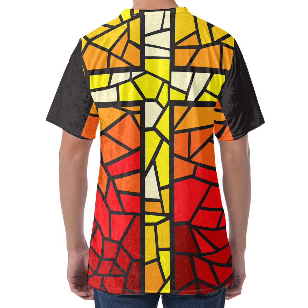 Orange And Red Stained Glass Cross Print Men's Velvet T-Shirt