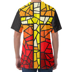 Orange And Red Stained Glass Cross Print Men's Velvet T-Shirt