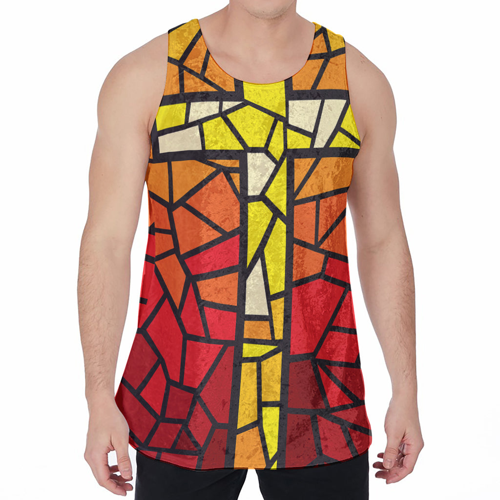 Orange And Red Stained Glass Cross Print Men's Velvet Tank Top