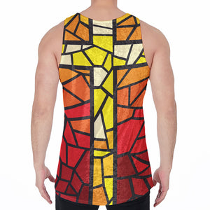 Orange And Red Stained Glass Cross Print Men's Velvet Tank Top