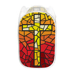 Orange And Red Stained Glass Cross Print Mesh Laundry Hamper