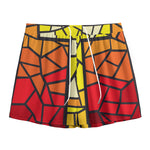 Orange And Red Stained Glass Cross Print Mesh Shorts