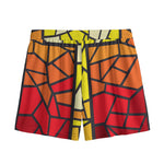 Orange And Red Stained Glass Cross Print Mesh Shorts