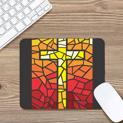 Orange And Red Stained Glass Cross Print Mouse Pad