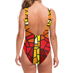 Orange And Red Stained Glass Cross Print One Piece Swimsuit