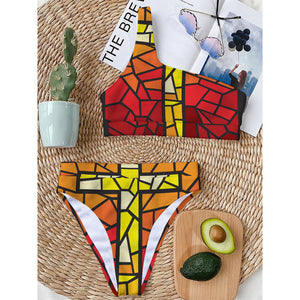 Orange And Red Stained Glass Cross Print One Shoulder Bikini Top