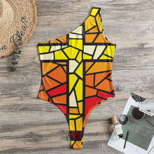 Orange And Red Stained Glass Cross Print One Shoulder Bodysuit