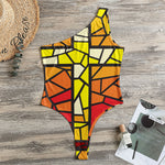 Orange And Red Stained Glass Cross Print One Shoulder Bodysuit
