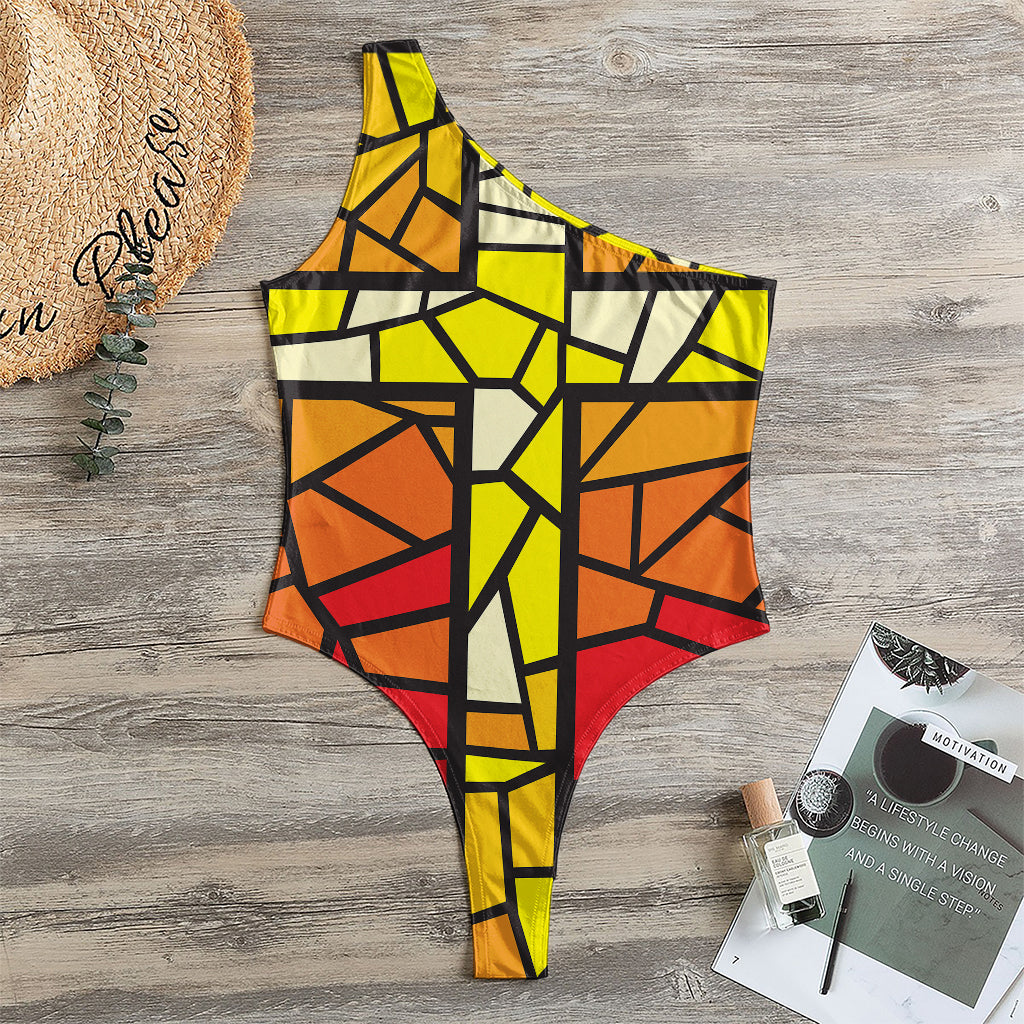 Orange And Red Stained Glass Cross Print One Shoulder Bodysuit