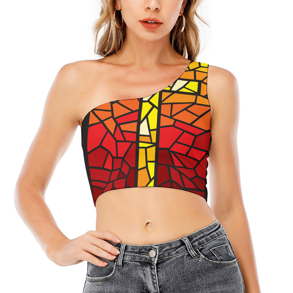 Orange And Red Stained Glass Cross Print One Shoulder Crop Top