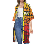 Orange And Red Stained Glass Cross Print Open Front Beach Cover Up