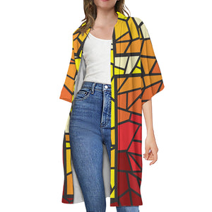 Orange And Red Stained Glass Cross Print Open Front Beach Cover Up