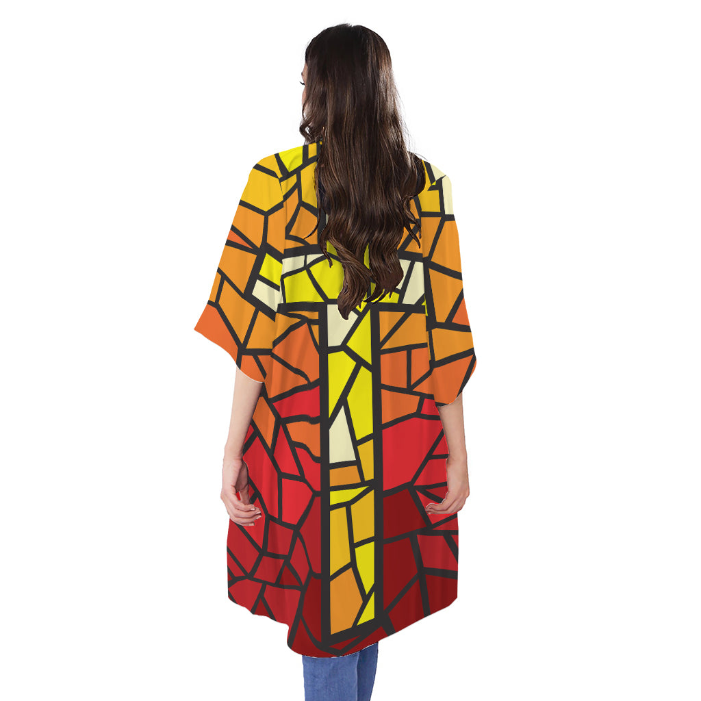 Orange And Red Stained Glass Cross Print Open Front Beach Cover Up