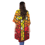 Orange And Red Stained Glass Cross Print Open Front Beach Cover Up