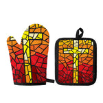 Orange And Red Stained Glass Cross Print Oven Mitt And Pot Holder Set