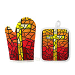 Orange And Red Stained Glass Cross Print Oven Mitt And Pot Holder Set