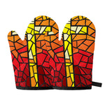 Orange And Red Stained Glass Cross Print Oven Mitts