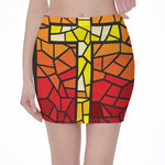 Orange And Red Stained Glass Cross Print Pencil Mini Skirt