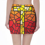Orange And Red Stained Glass Cross Print Pencil Mini Skirt