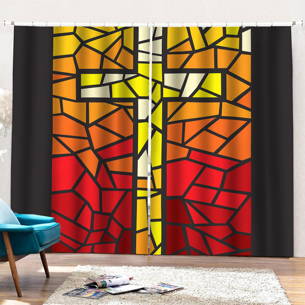 Orange And Red Stained Glass Cross Print Pencil Pleat Curtains