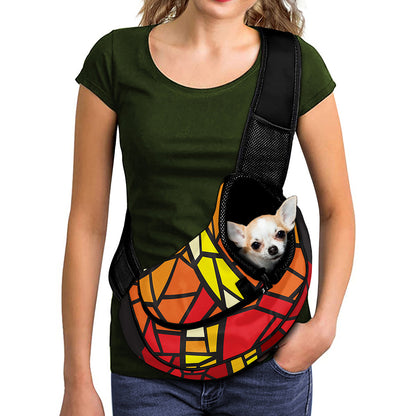 Orange And Red Stained Glass Cross Print Pet Sling Carrier