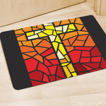 Orange And Red Stained Glass Cross Print Polyester Doormat