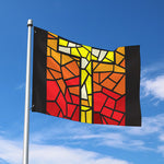 Orange And Red Stained Glass Cross Print Polyester Flag