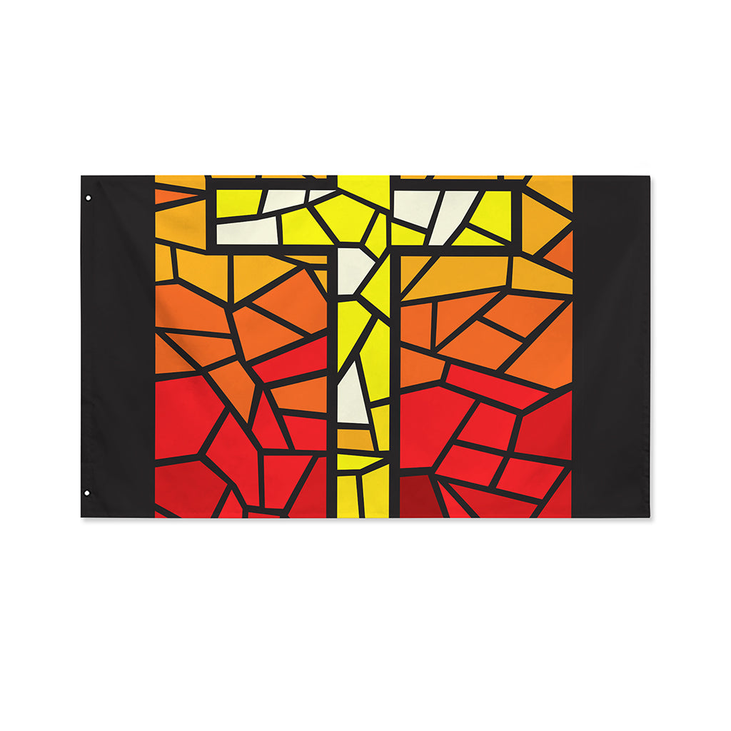 Orange And Red Stained Glass Cross Print Polyester Flag