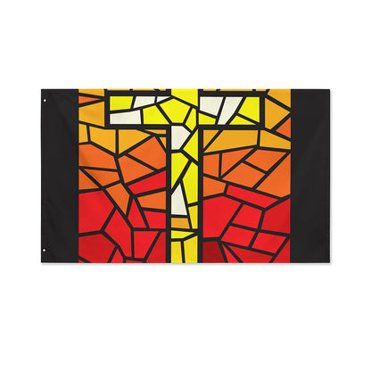 Orange And Red Stained Glass Cross Print Polyester Flag