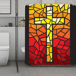 Orange And Red Stained Glass Cross Print Polyester Shower Curtain