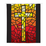 Orange And Red Stained Glass Cross Print Polyester Shower Curtain