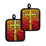 Orange And Red Stained Glass Cross Print Pot Holders
