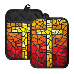 Orange And Red Stained Glass Cross Print Pot Holders With Pocket