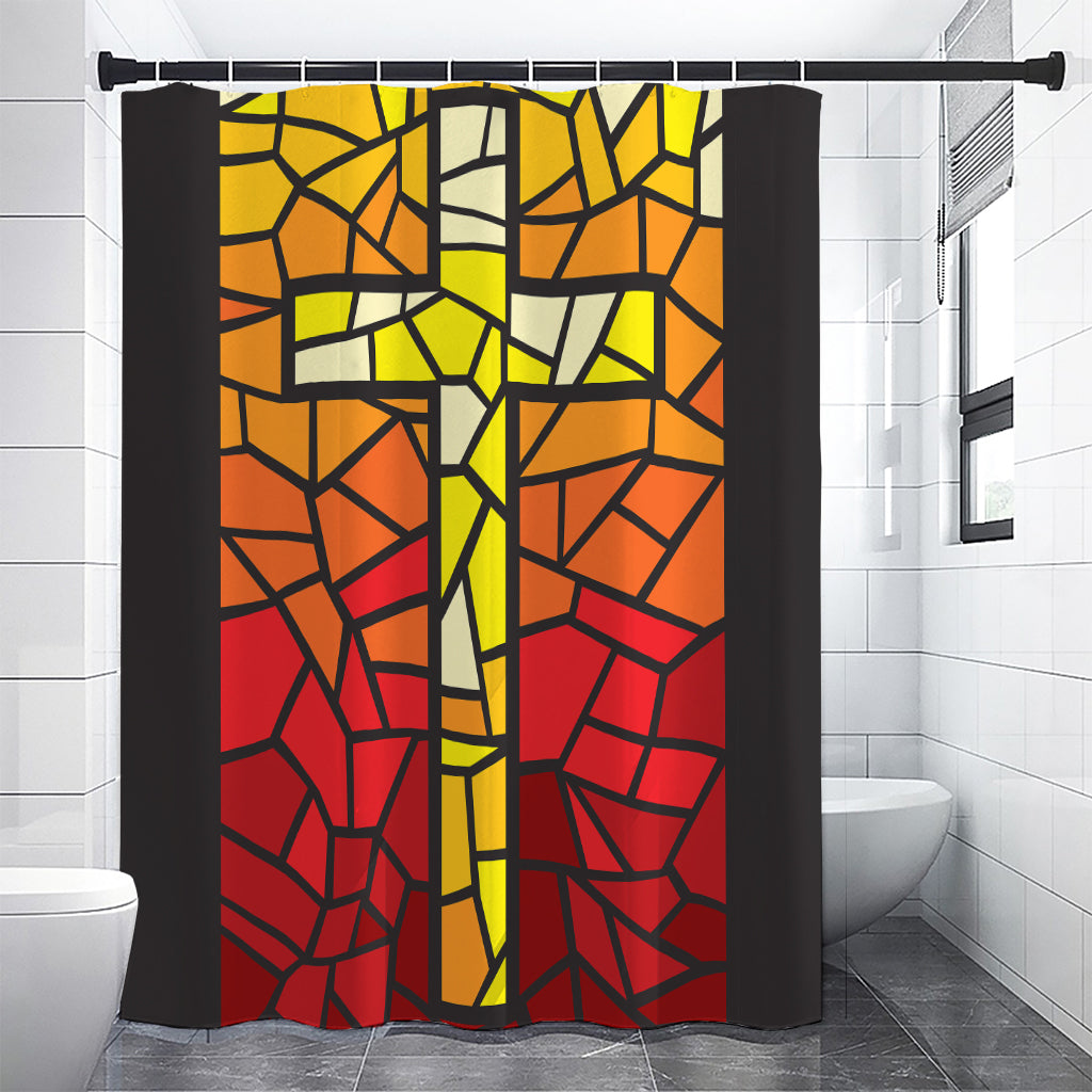 Orange And Red Stained Glass Cross Print Premium Shower Curtain