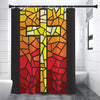 Orange And Red Stained Glass Cross Print Premium Shower Curtain