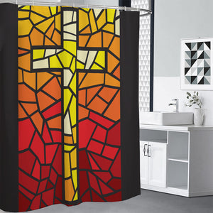 Orange And Red Stained Glass Cross Print Premium Shower Curtain