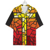 Orange And Red Stained Glass Cross Print Rayon Hawaiian Shirt