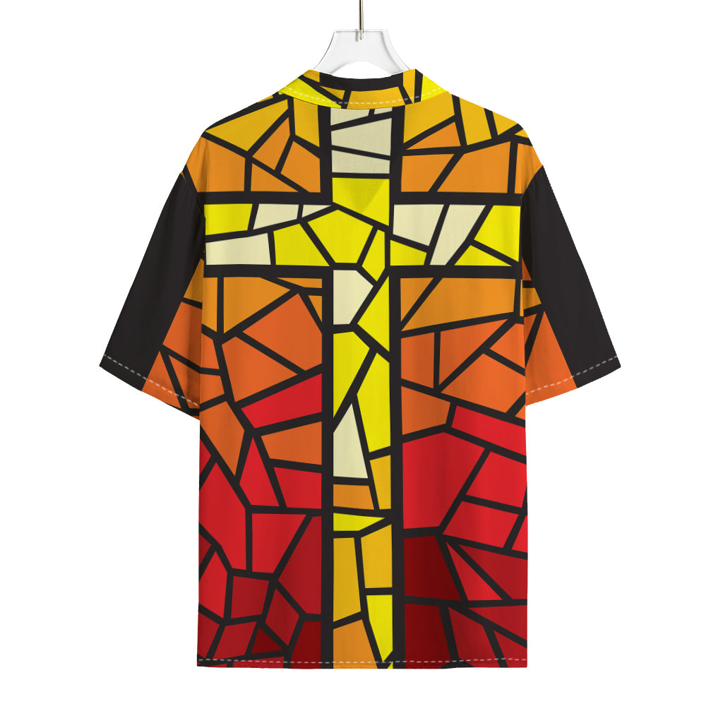 Orange And Red Stained Glass Cross Print Rayon Hawaiian Shirt