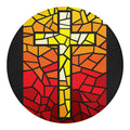 Orange And Red Stained Glass Cross Print Round Blanket