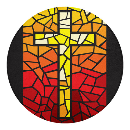 Orange And Red Stained Glass Cross Print Round Blanket