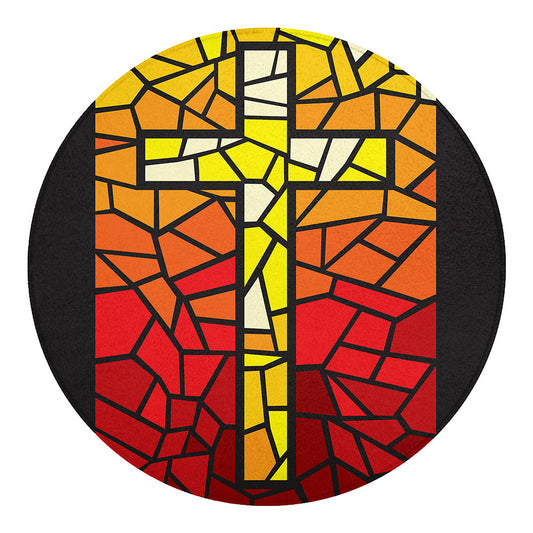 Orange And Red Stained Glass Cross Print Round Blanket