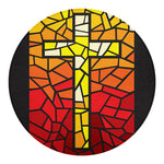 Orange And Red Stained Glass Cross Print Round Blanket