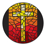 Orange And Red Stained Glass Cross Print Round Floor Mat