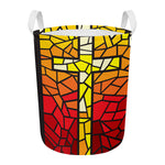 Orange And Red Stained Glass Cross Print Round Laundry Basket